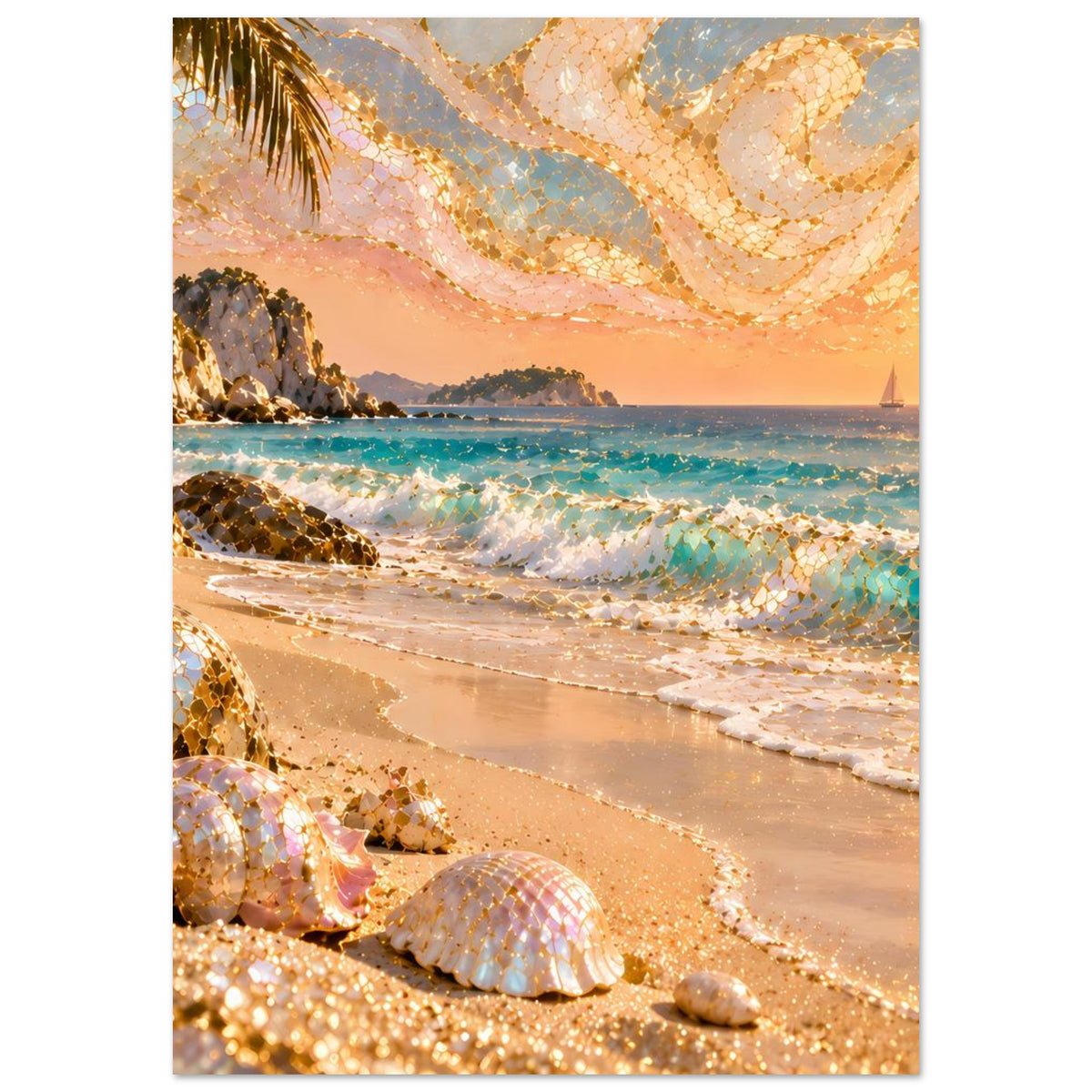 Poster Strand mit goldenen Mosaik-Akzenten: Muscheln im Vordergrund, Wellen und Küste