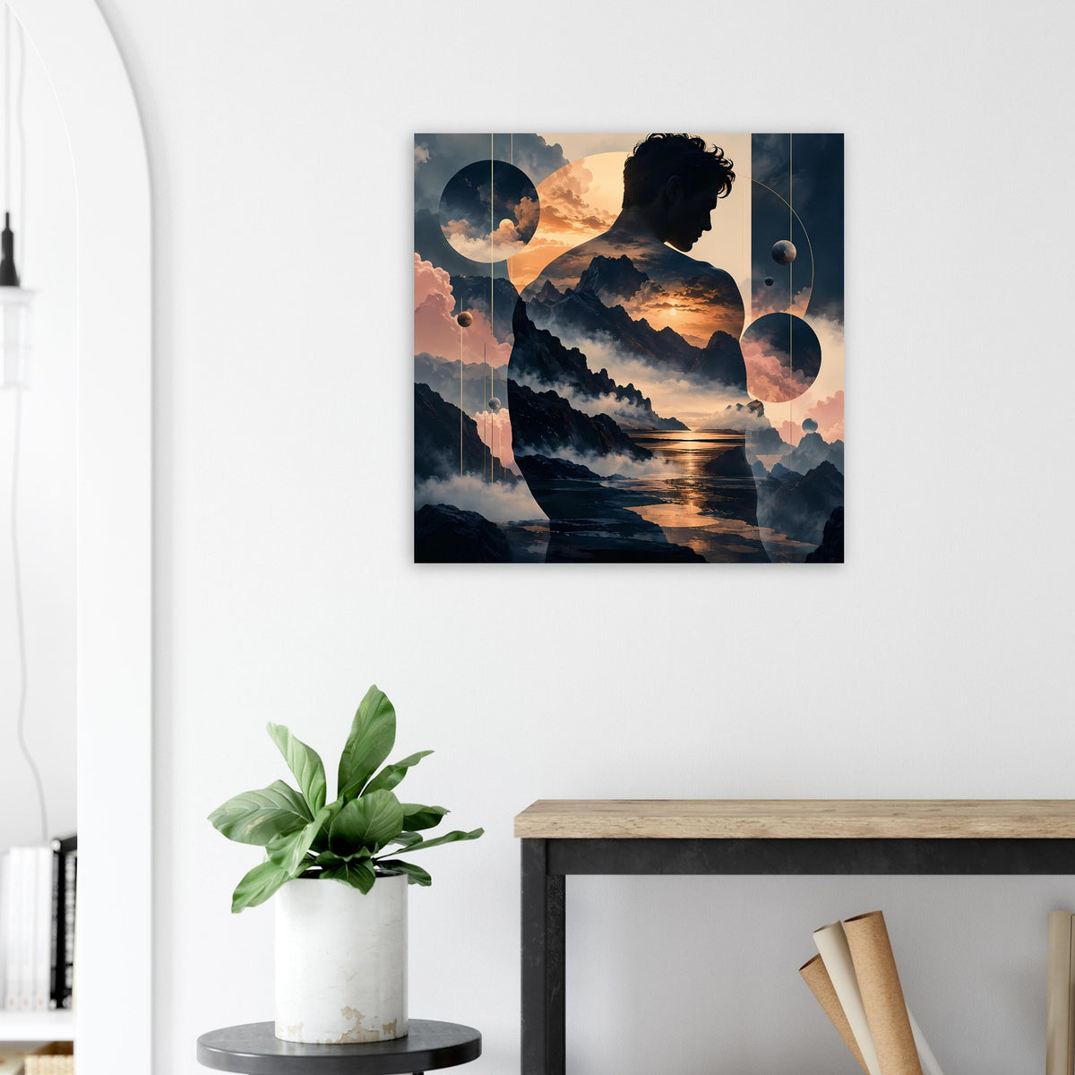 Quadratisches Poster mit Profil-Silhouette, Bergen, Sonnenuntergang und Kreisen