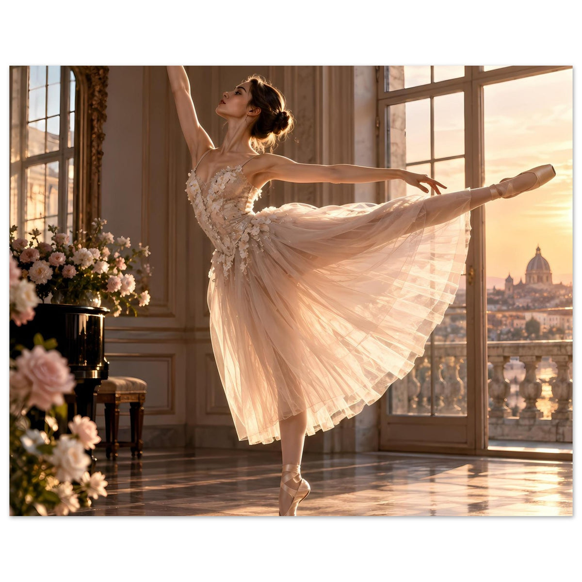 Ballerina im goldenen Tutu auf Poster, enge Tanzpose mit Spitze am Oberteil