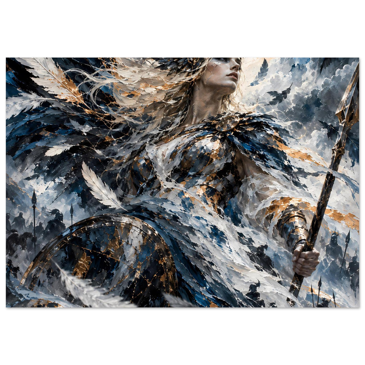 Poster mit Valkyrie in Federrüstung, blau-graue Flügel, goldene Akzente, Speer