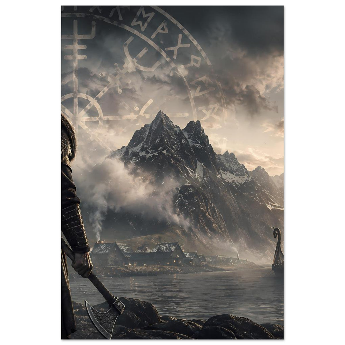 Wikingerkrieger-Poster: Runenkreis am oberen Rand, Berge, Fjord und Langschiff
