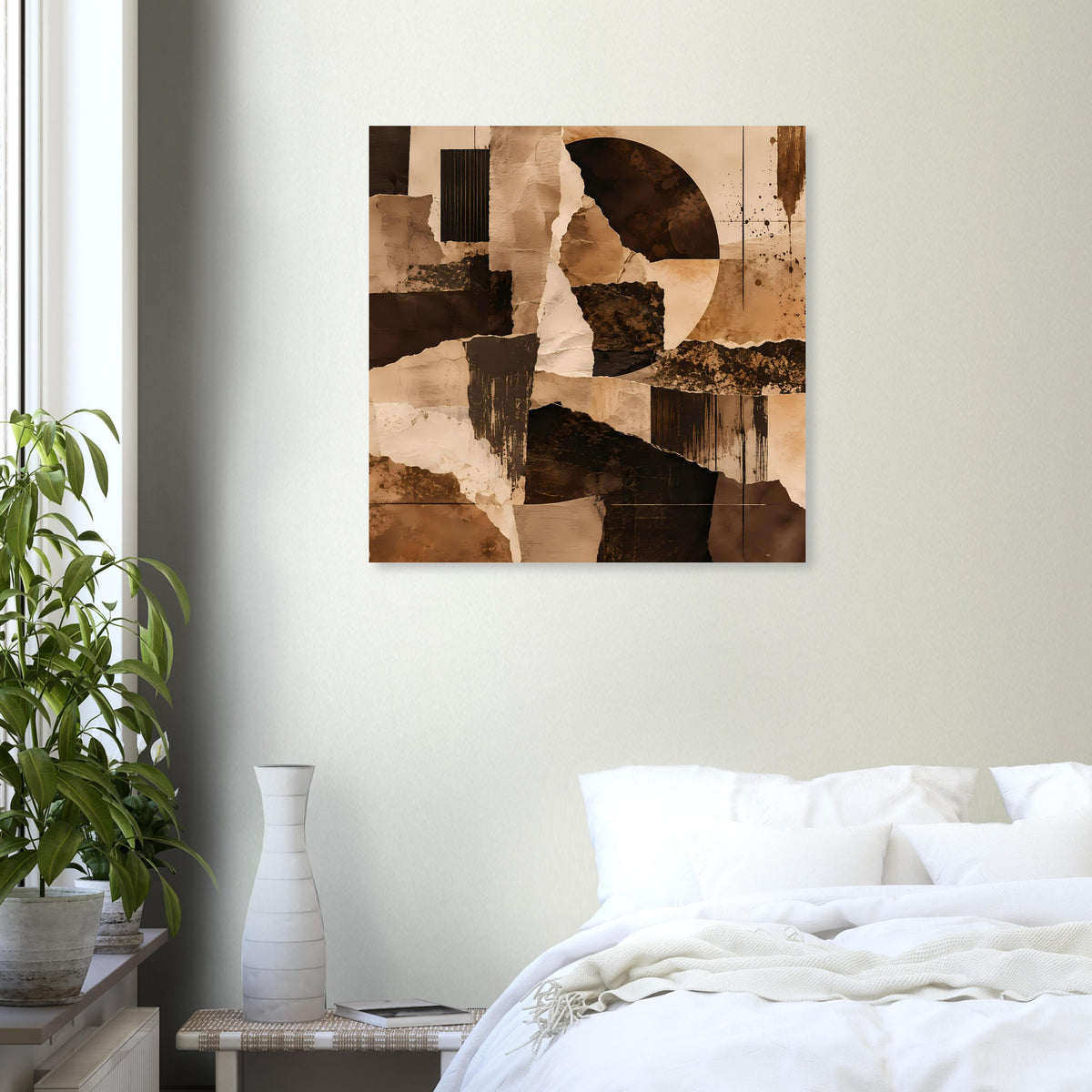 Abstraktes Kunstposter in warmen Erdtönen über weißem Bett
