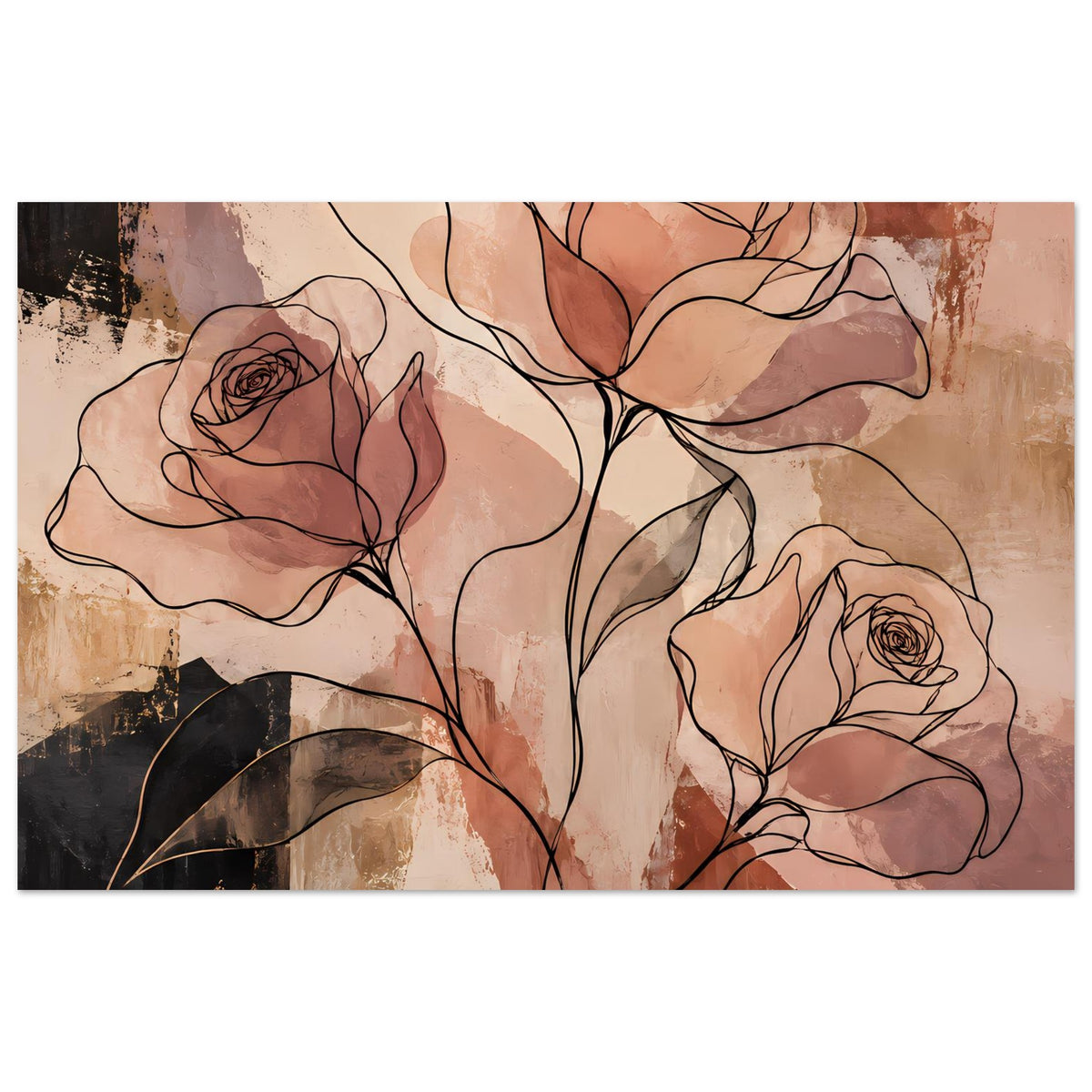 Querformat-Poster mit Rosen-Linienkunst, Terrakotta/Erdtöne und schwarze Konturen