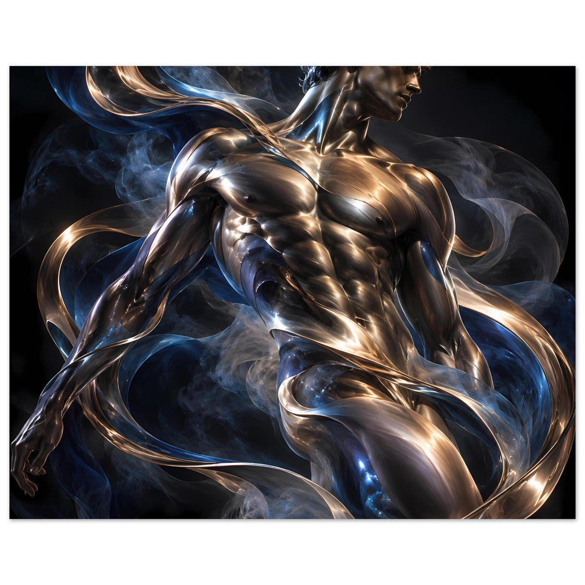 Horizontaler Poster: glänzende Metallskulptur mit gold-silbernen Reflexen und blauem Rauch