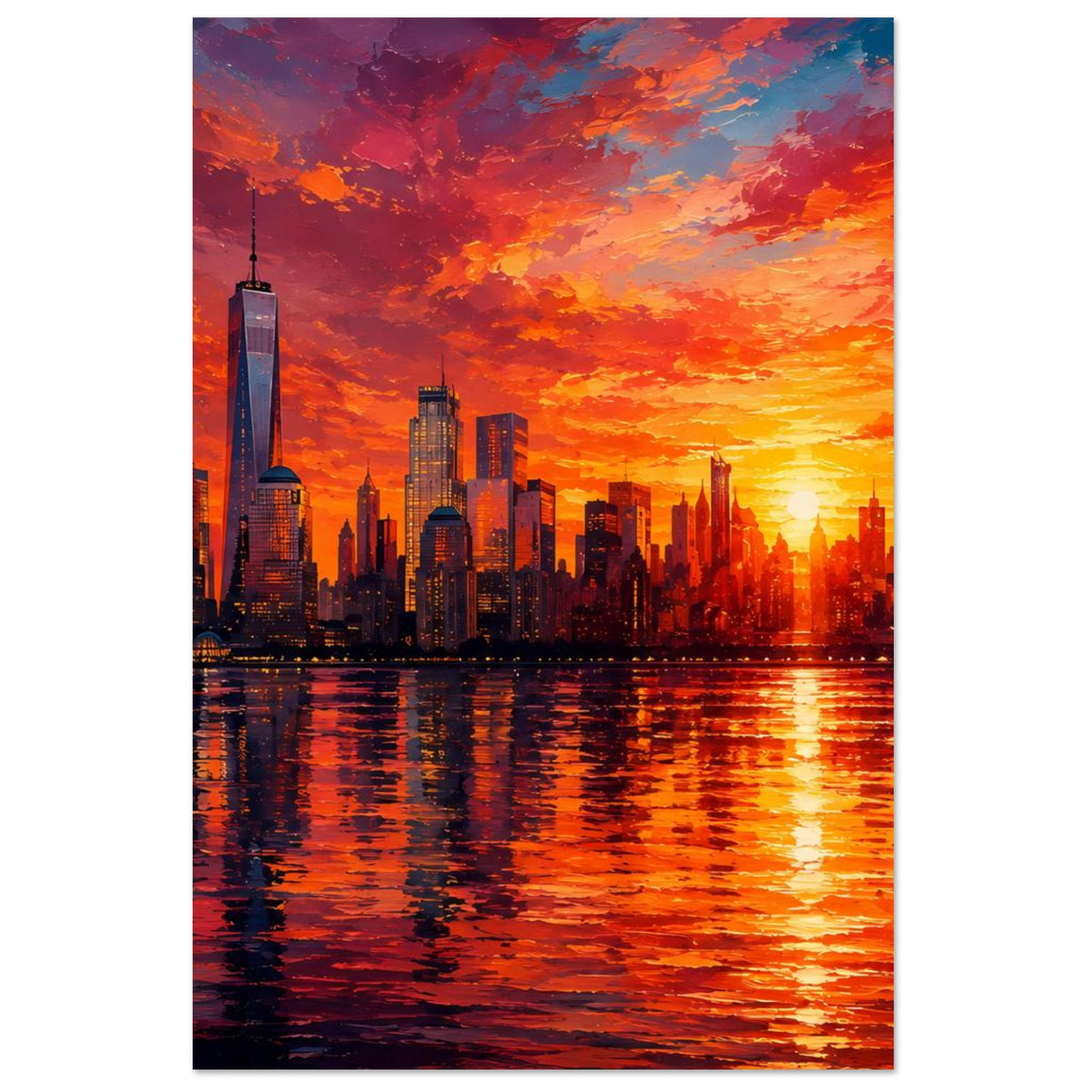 Poster mit New-York-Skyline und One World Trade Center bei Sonnenuntergang, Reflexionen im ruhigen Wasser