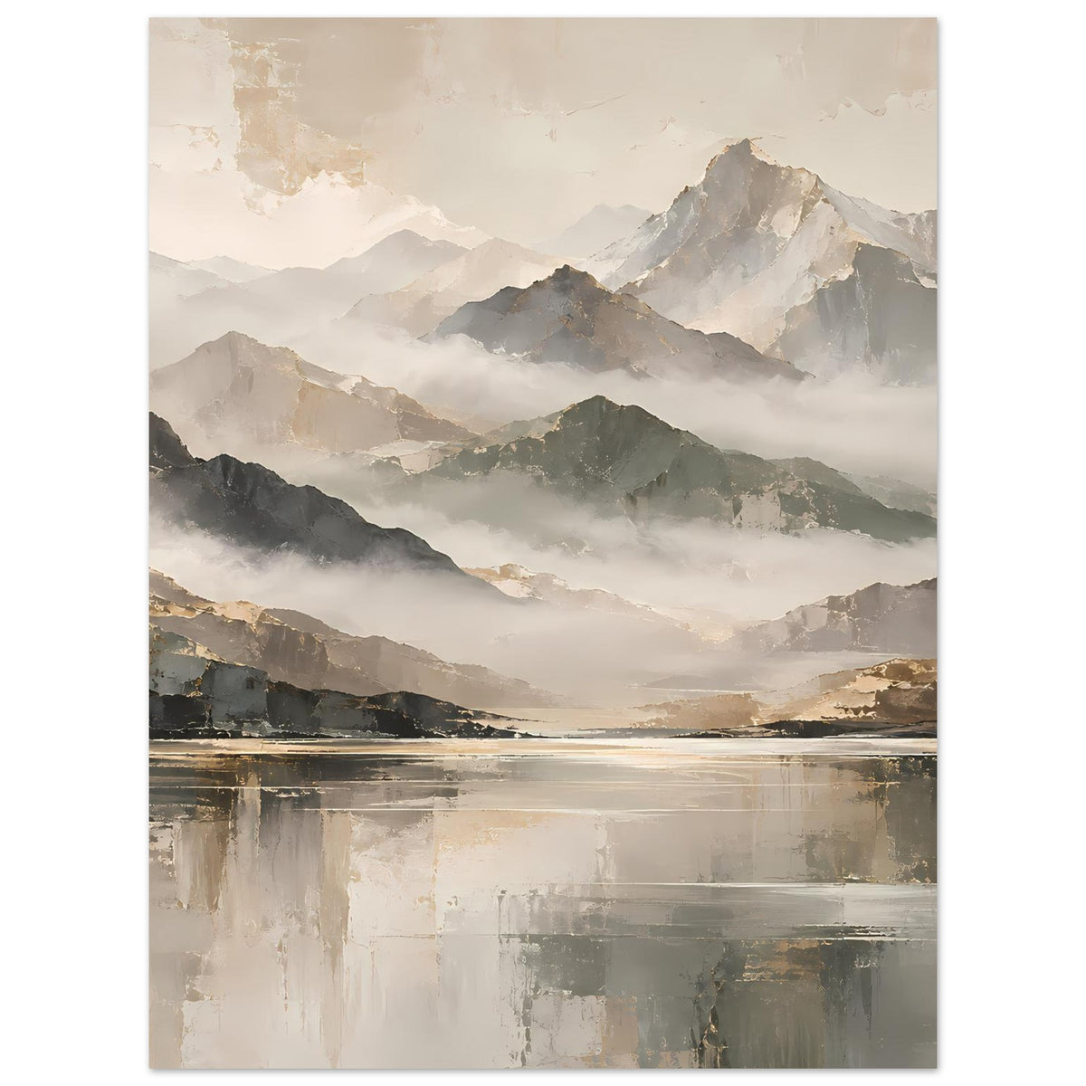 Naturposter im Hochformat: dunstige Berge, ruhiges Wasser und goldene Linien, Beige