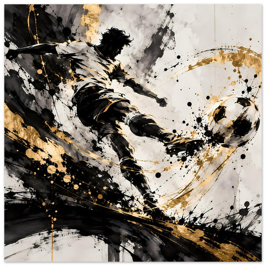 Nahes Motiv auf dem Poster: Fußballspieler in Schwarz-Gold mit dynamischem Schuss und Spritzern