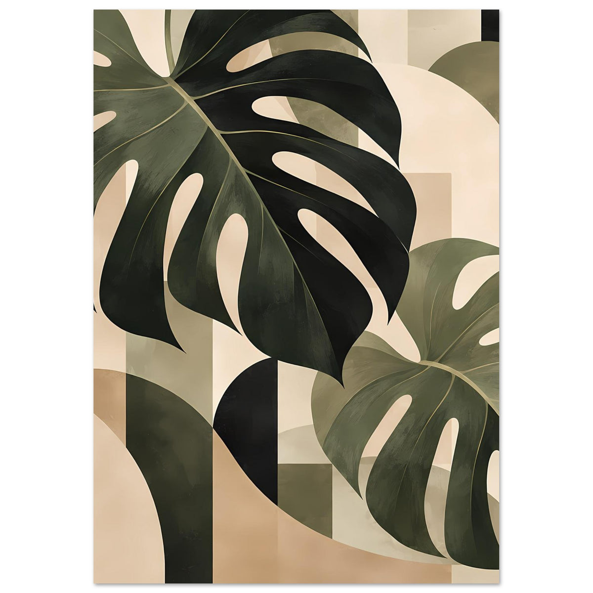 Botanik-Poster mit abstrakten Monstera-Blättern in dunkelgrün, Salbeigrün und beigem Grund.