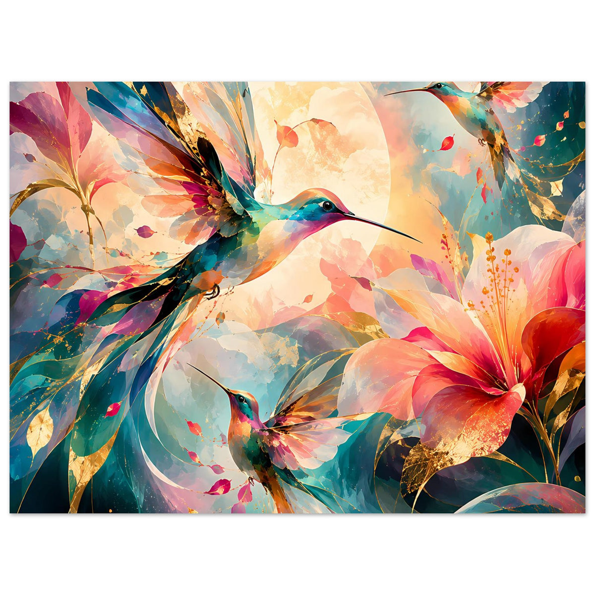 Gerahmtes Breitformat-Kunstposter mit Kolibri, großen Blüten und bunten Sprenkeln