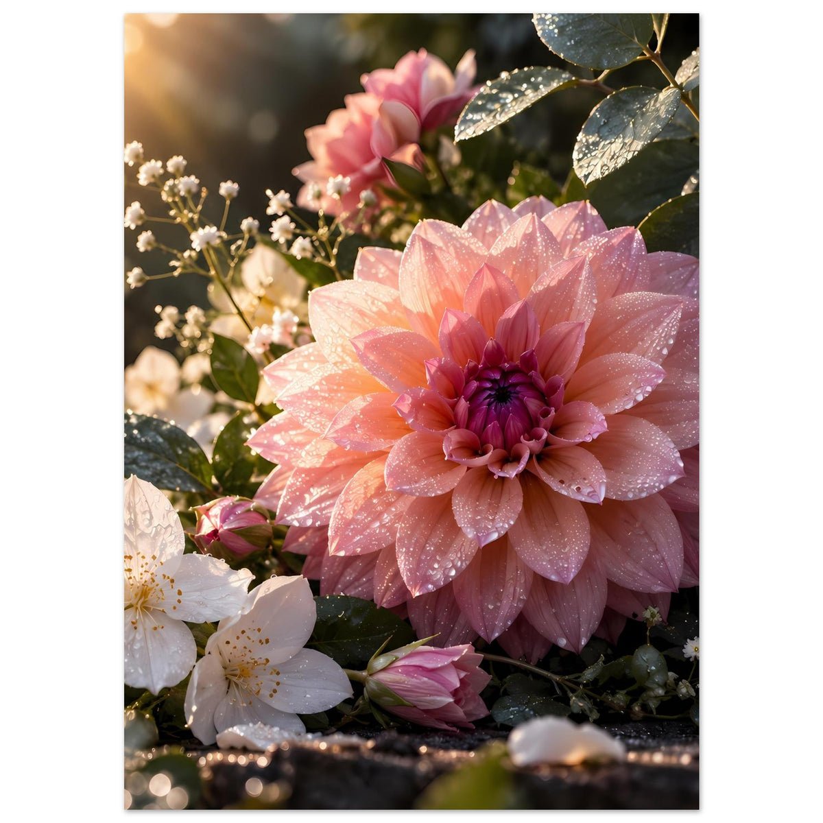 Blumenposter vertikal mit rosa Blüte, weißen Blüten und dichtem Blattwerk mit Tropfen