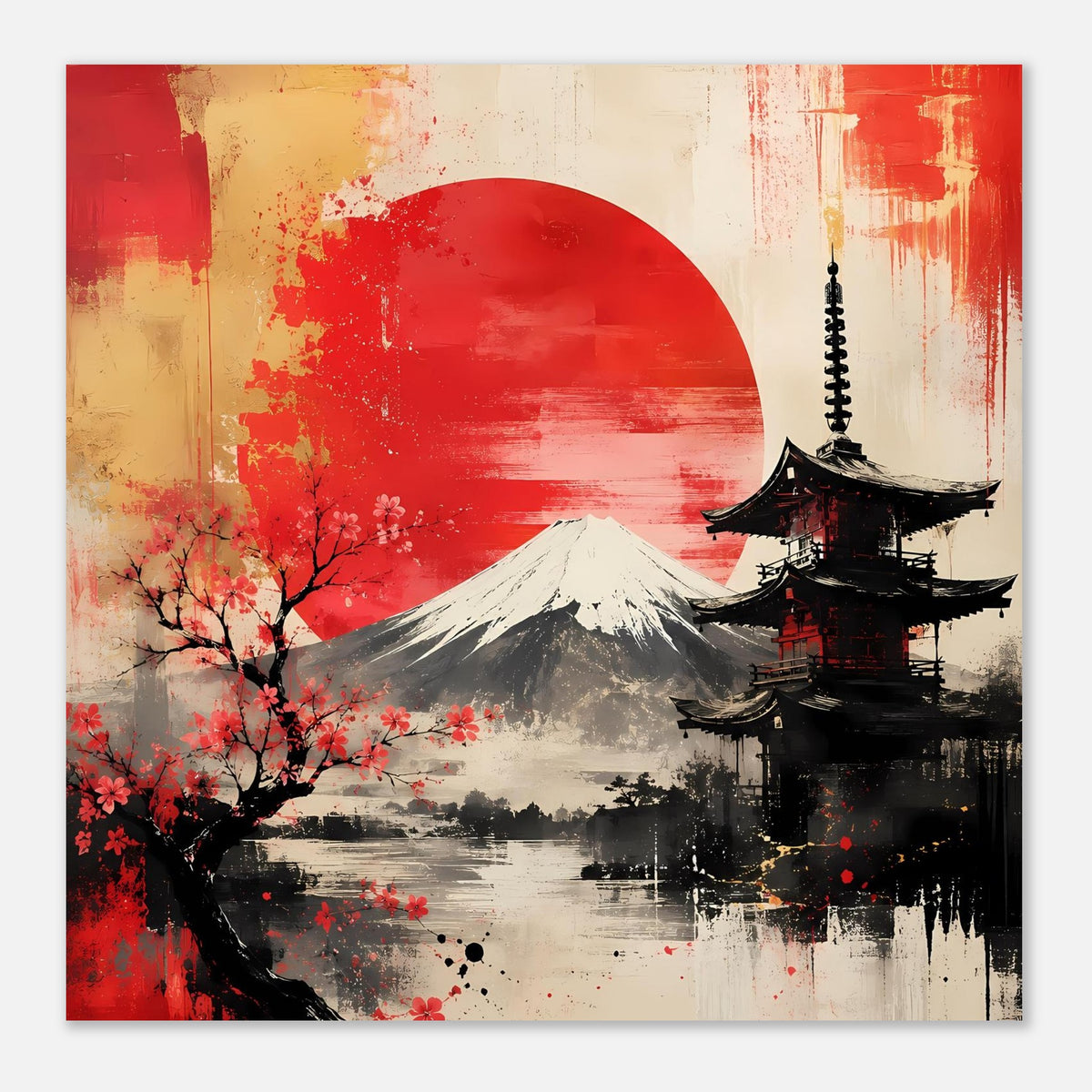 Japanisches Poster mit roter Sonne, Fuji und Pagode, Blumen und Tusch-Aquarelloptik