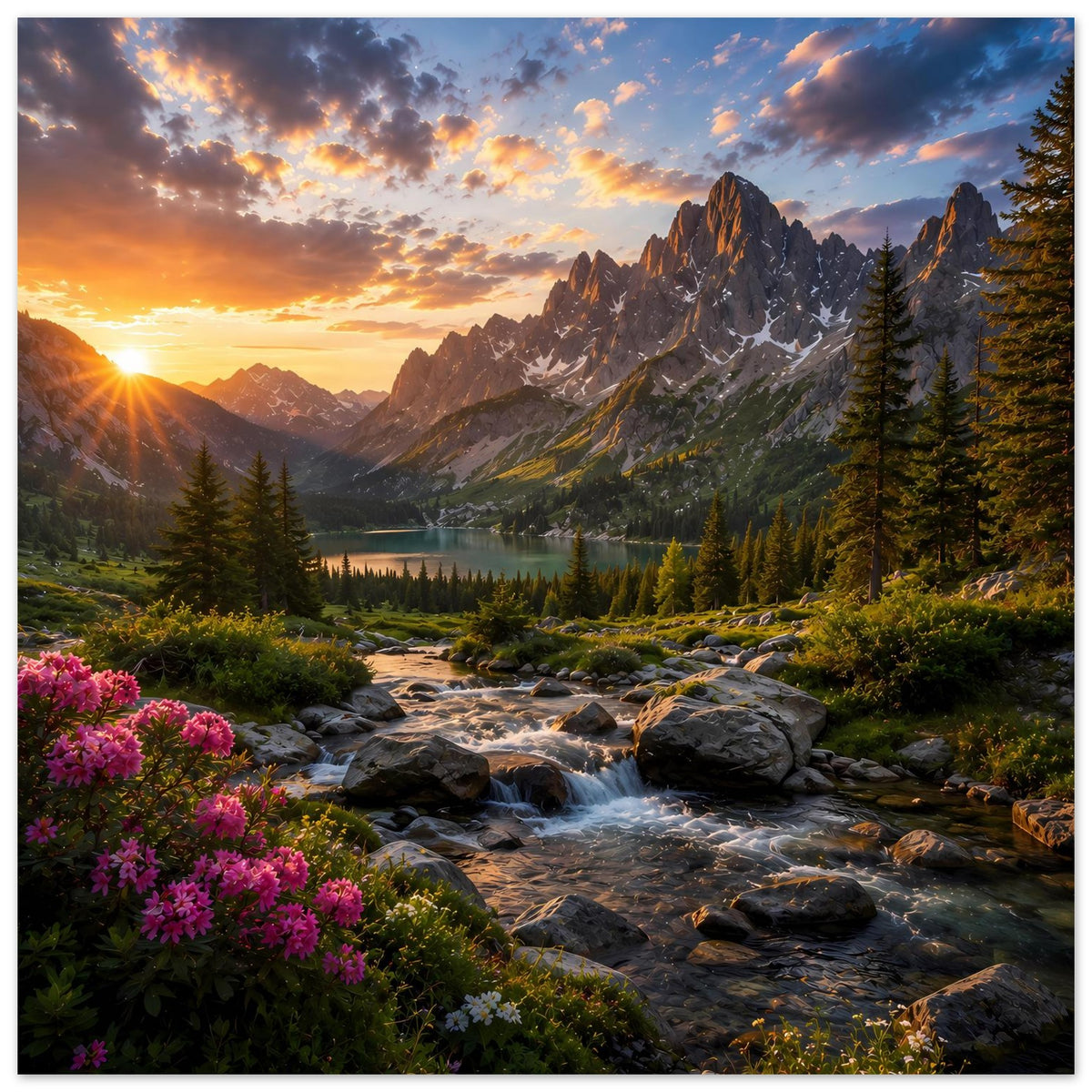 Wandposter im Querformat: Sonnenaufgang, dramatische Felsformationen, See, Bachlauf und Fichten