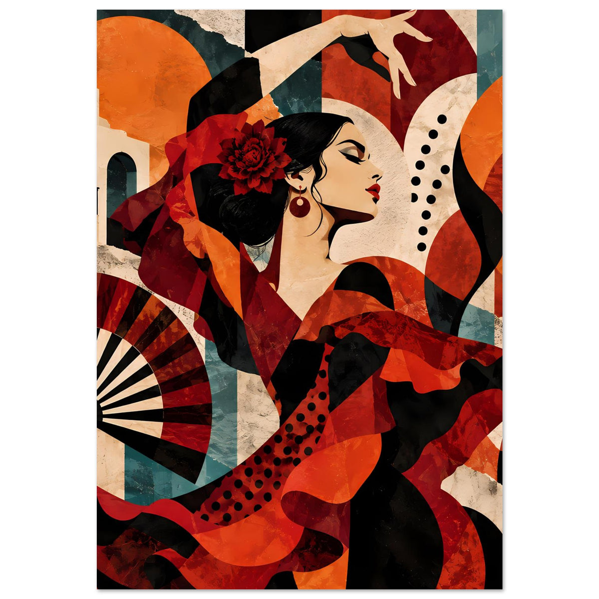 Flamenco-Tanzposter mit Tänzerin im Profil, schwarzen Haaren und rotem Kleid mit Fächer im Hintergrund