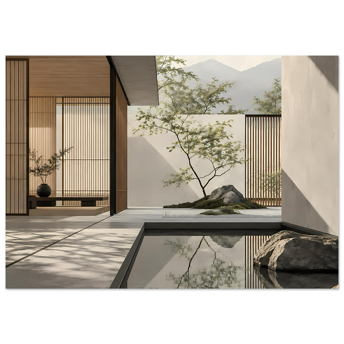Minimalistische Zen-Wandkunst mit natürlichen und architektonischen Formen