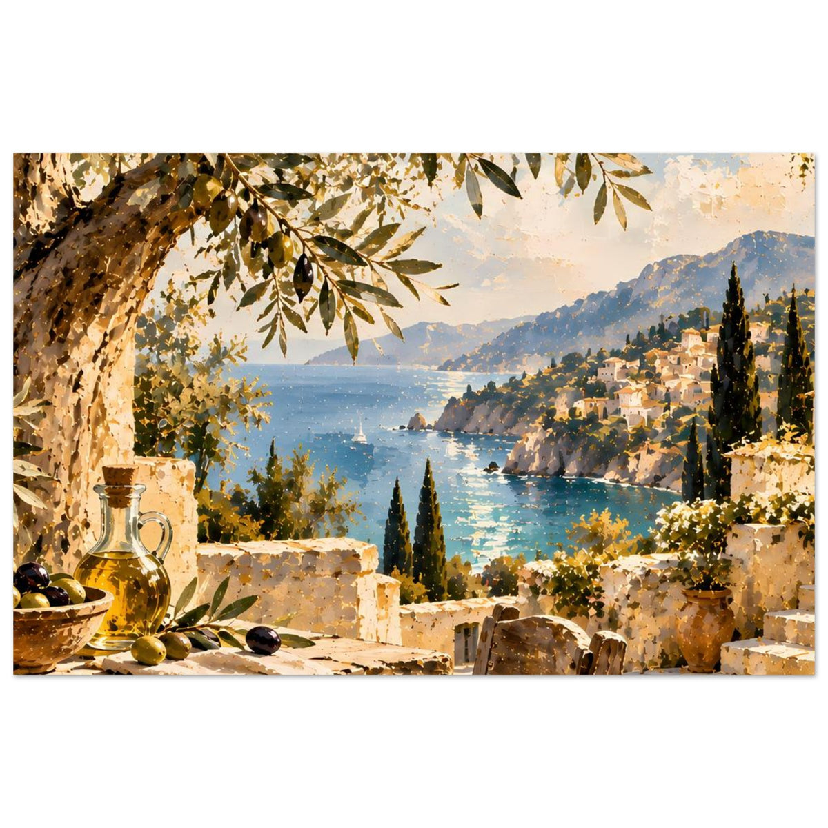 Poster mit mediterraner Bucht, Olivenzweigen, Flasche auf Steintisch und Stuhl