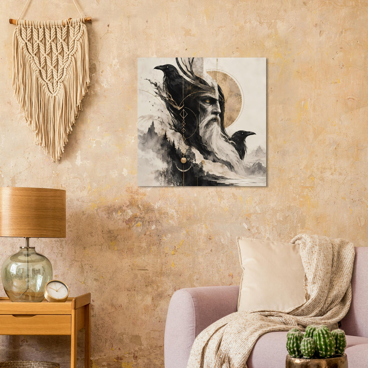 Kunstposter mit bärtigem Weisen, Rabe auf Schulter und Halbmond; monochrome Darstellung