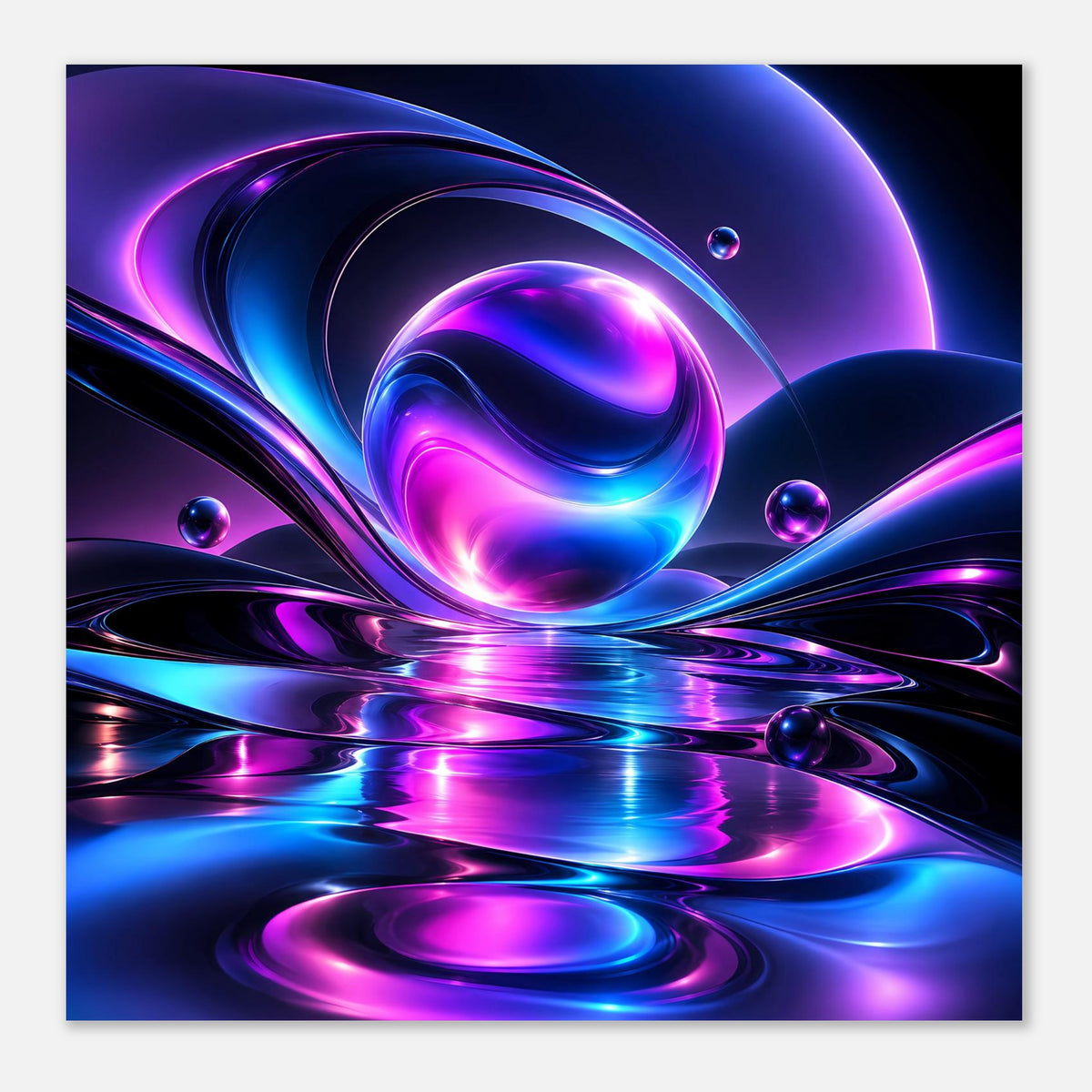 Abstraktes Neonlicht-Poster im Rahmen mit Kugel, gebogenen Lichtbahnen und Spiegelreflexion in Blau/Violett