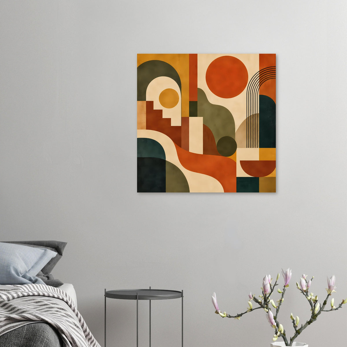 Kleiner abstrakter Mid-Century-Kunstdruck mit Kreisen, Blockformen und warmen Farbtönen