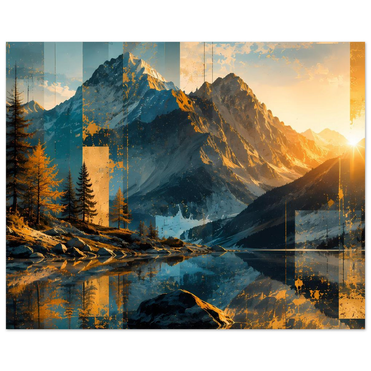 Poster im Querformat mit Berggipfeln, Tannenwald und warmem Sonnenlicht im Sonnenaufgang