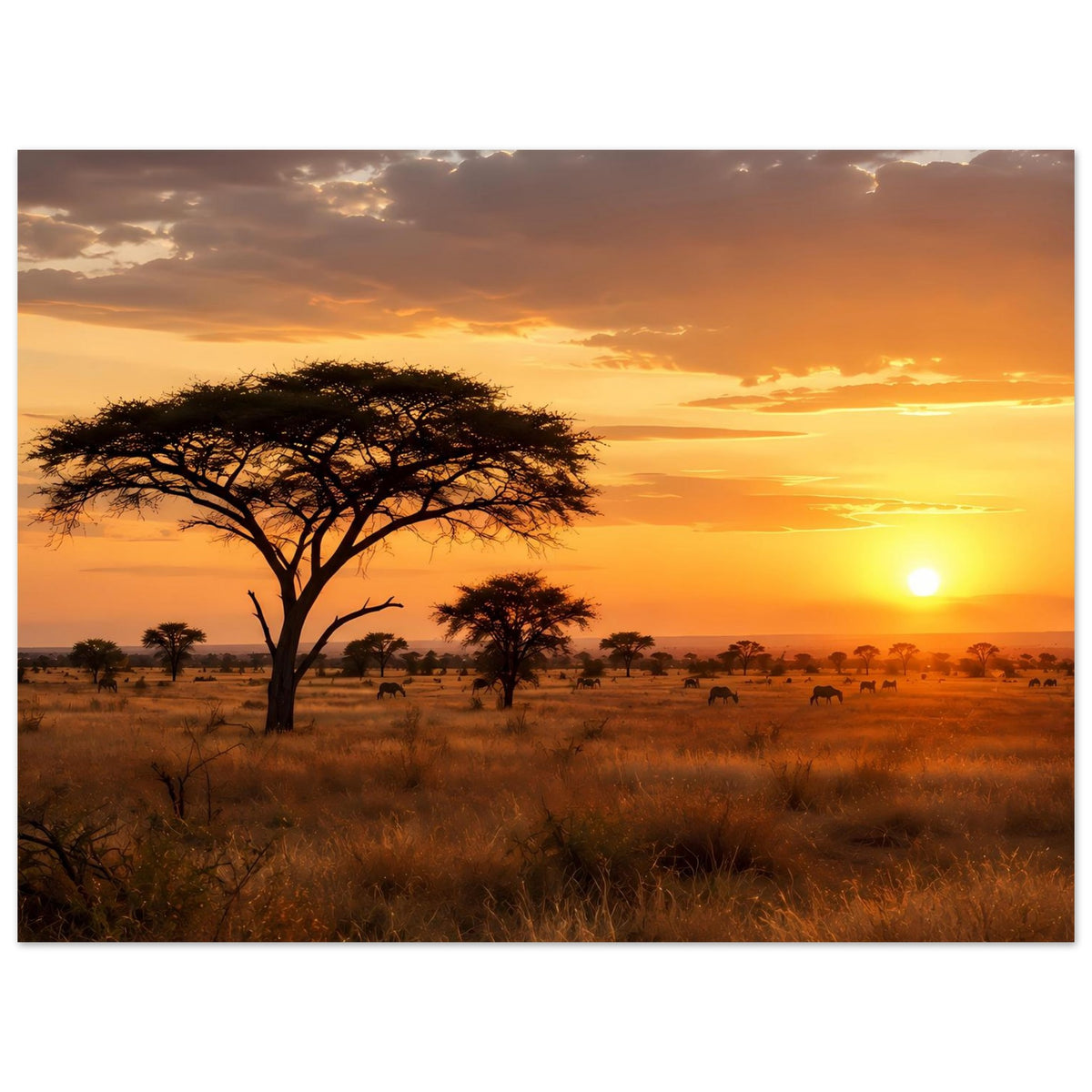 Savannenposter mit Akazienbaum und untergehender Sonne, Grassteppe und Tierherde im Hintergrund
