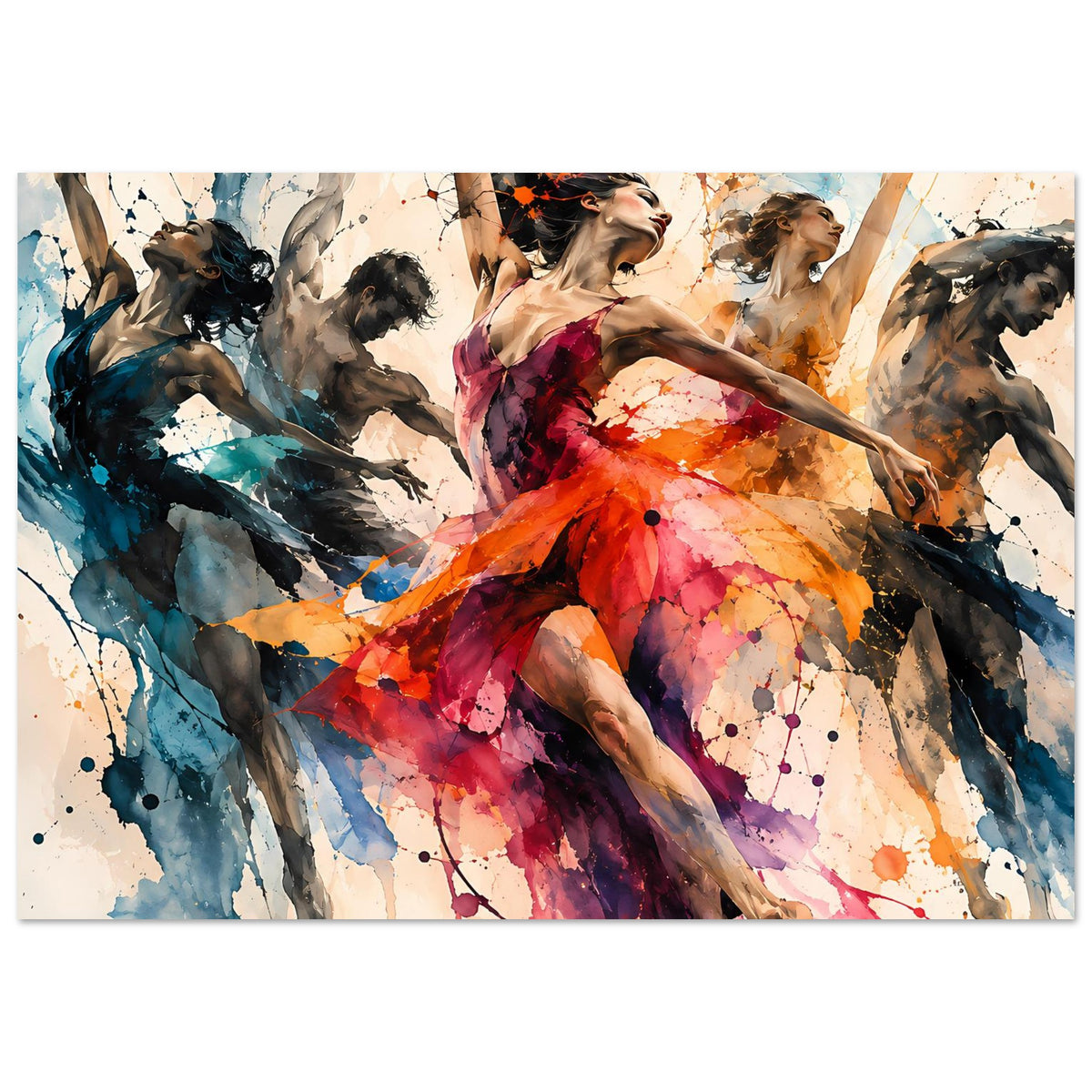 Horizontales Tanzkunst-Poster: Tänzerinnen in bunten Aquarellfarben mit Spritz- und Linienmustern