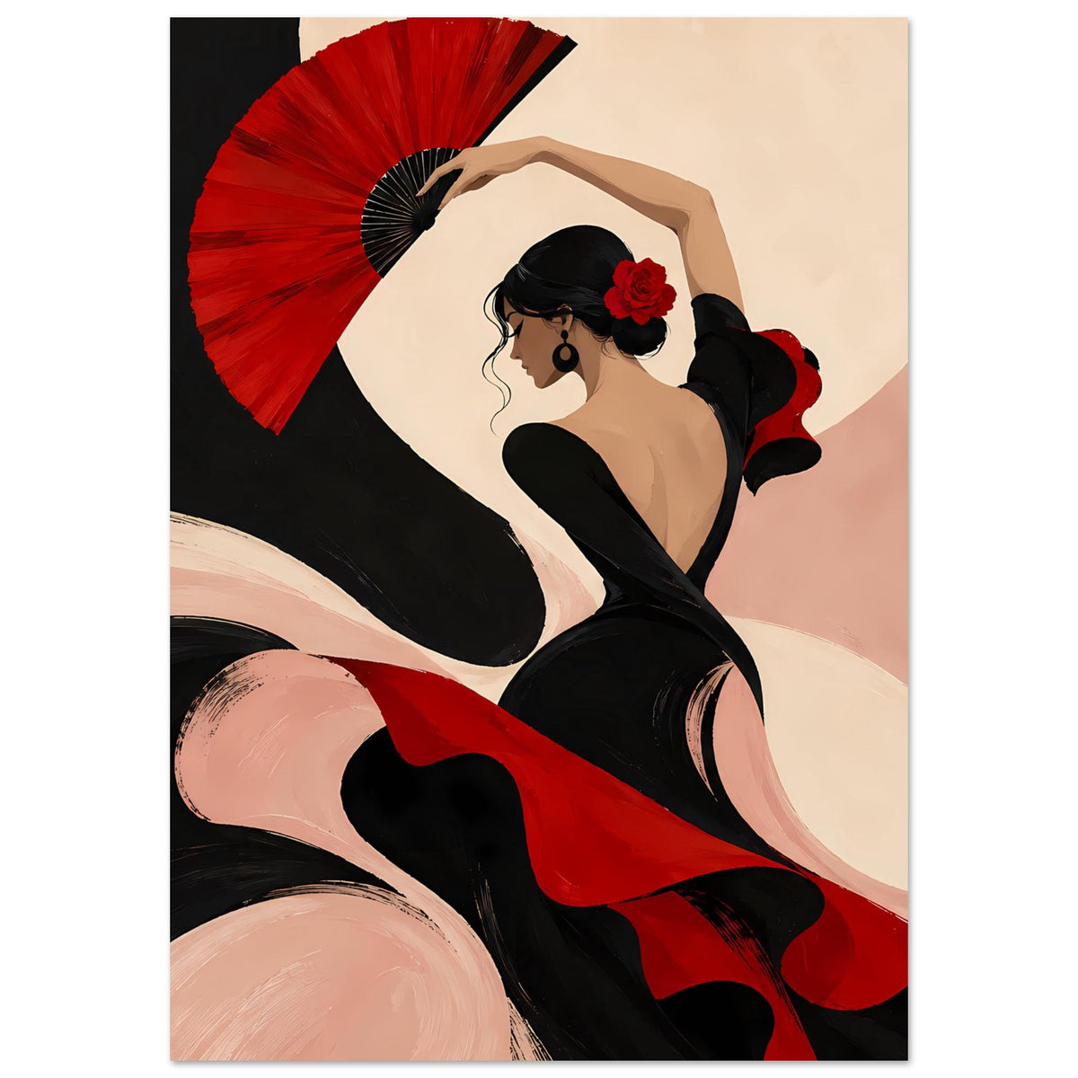 Gerahmtes Poster mit Flamenco-Tänzerin in Schwarz und Rot, rotem Fächer und Blume im Haar.