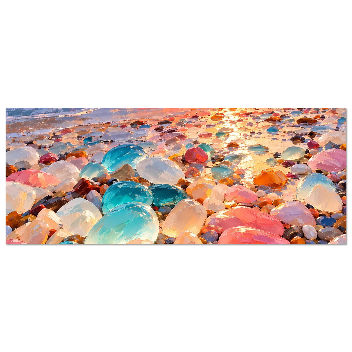 Poster mit Sonnenuntergang am Strand, flache Horizontansicht über bunten Glassteinen