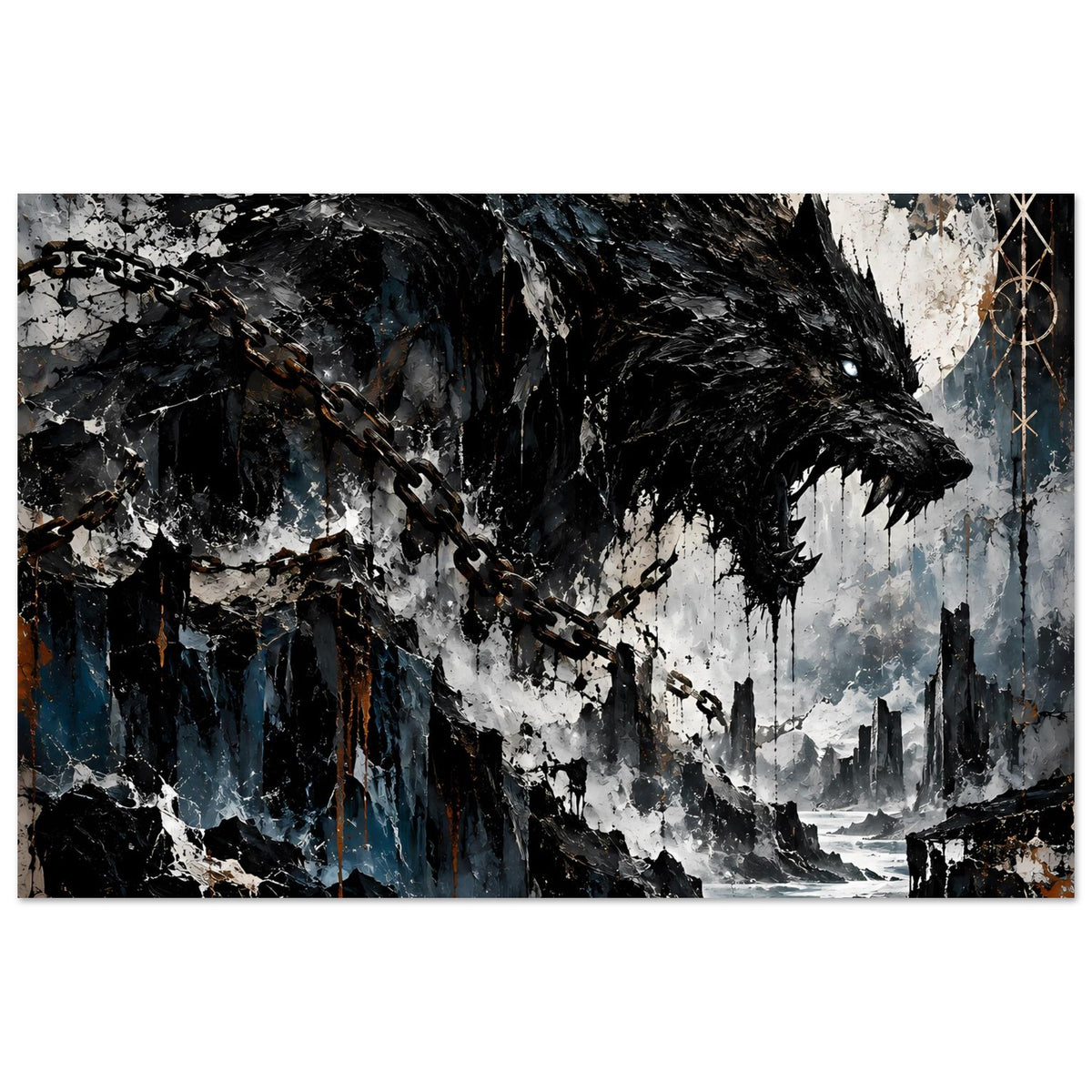 Wandposter mit dunklem Wolf, Ketten und Mondscheibe über einer rauen Küstenlandschaft