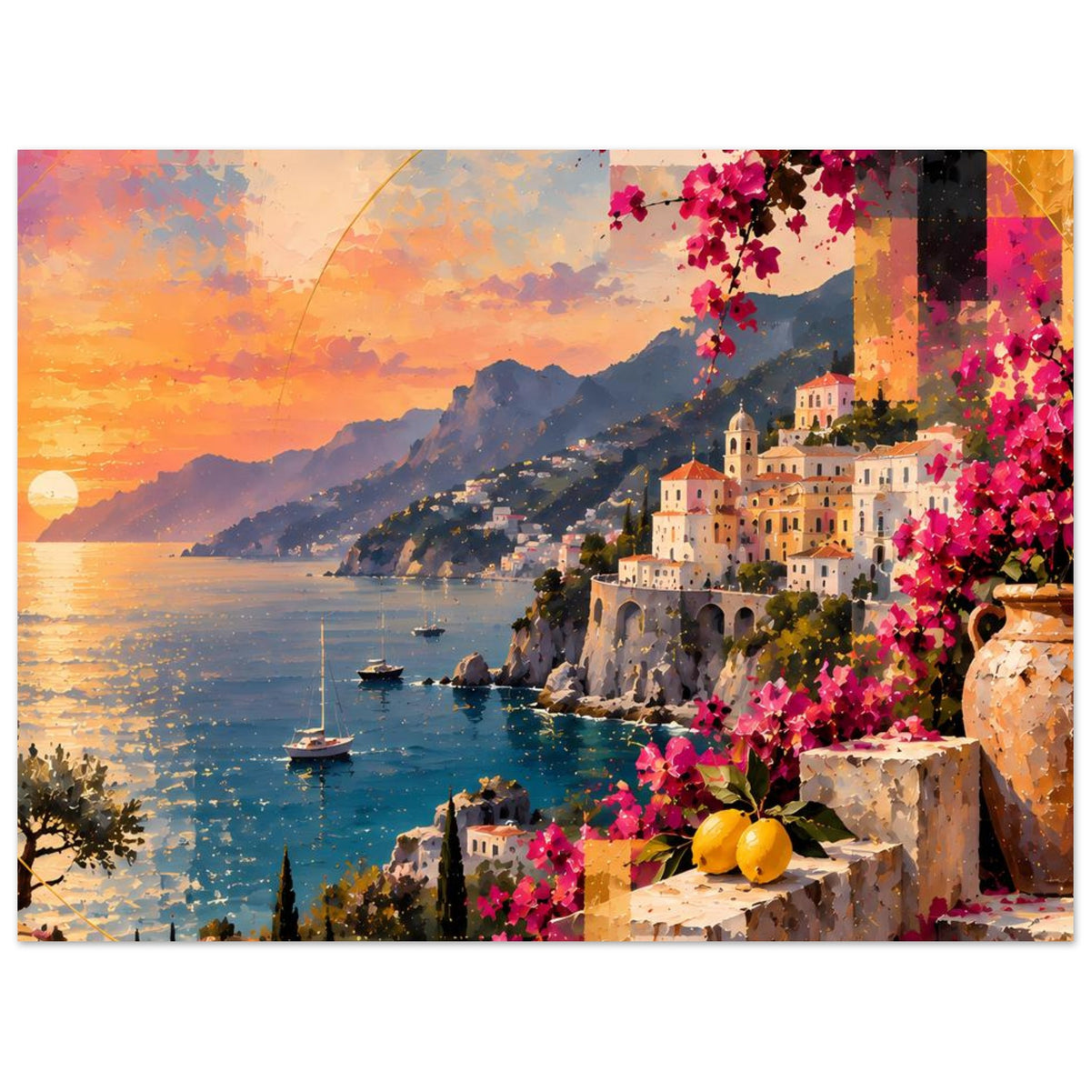Poster mit Küstenstadt, Meer und Sonnenuntergang; pinke Bougainvillea, Boote und Zitrusfrüchte