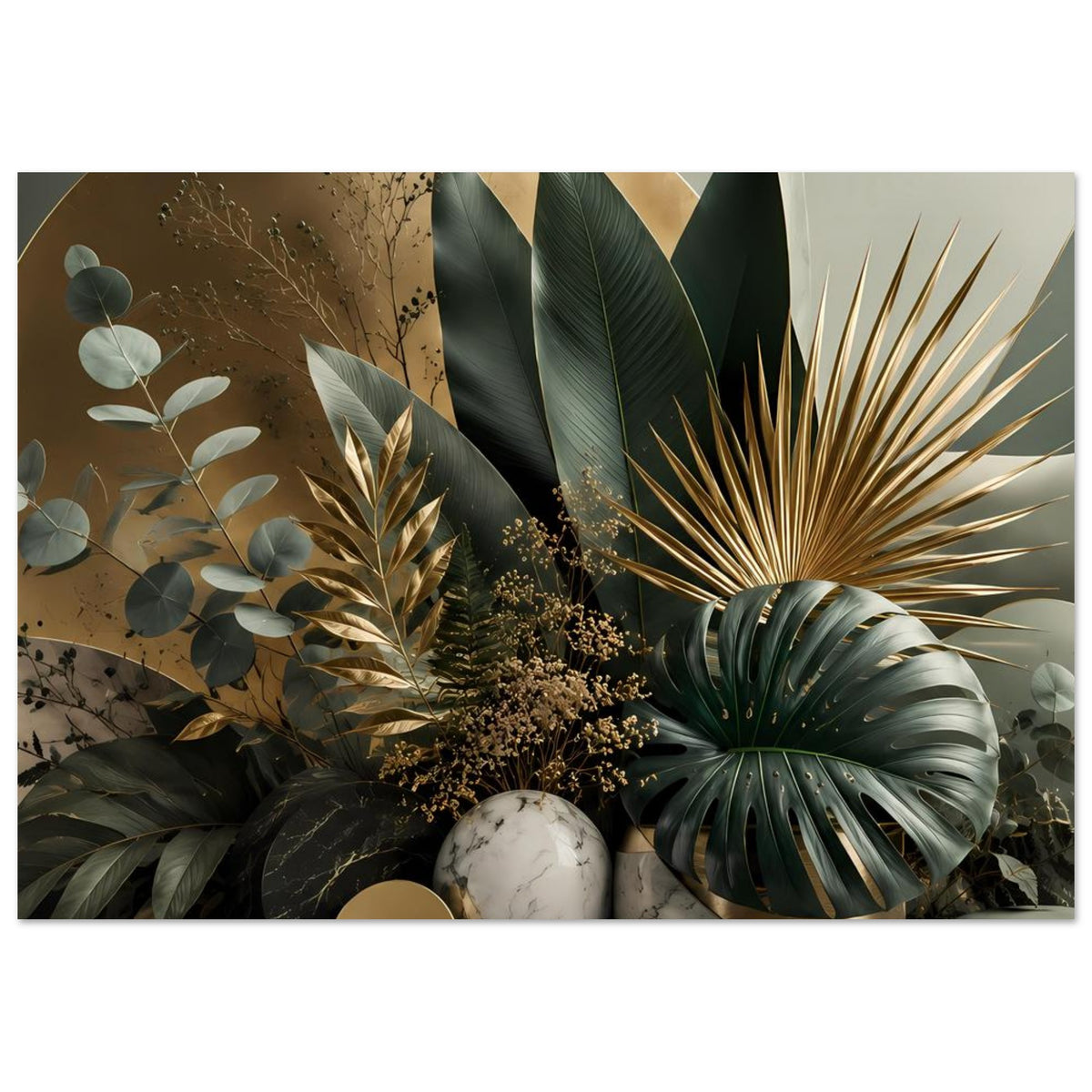 Botanisches Poster im Querformat mit goldenen Pflanzen, Palmenblatt und Marmorboden.