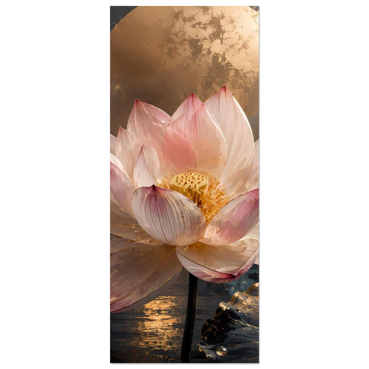 Vertikales Poster mit rosa Lotusblüte, goldener Mitte und Blättern in dunklen Tönen