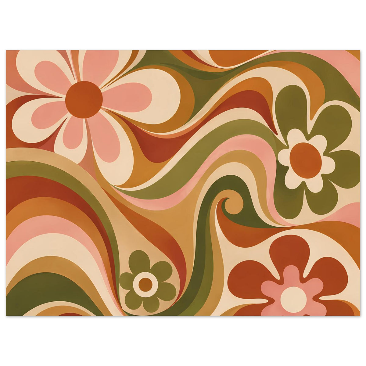 Florales Poster im Querformat mit retro Blüten und Wellenlinien in Olivgrün und Orange