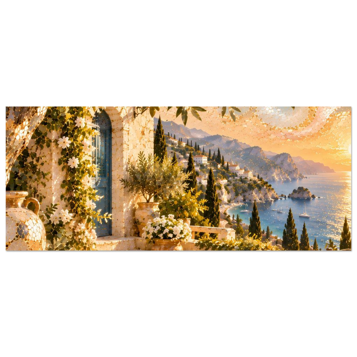 Wandkunst-Print im Querformat: mediterraner Eingang mit Bogen, Zypressen und Meer bei Abendlicht