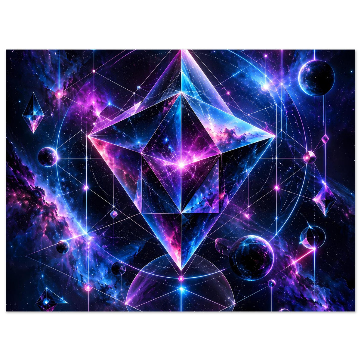 Querformat-Poster mit kosmischer Geometrie: leuchtender Diamantstern und Planeten im Violett/Blau