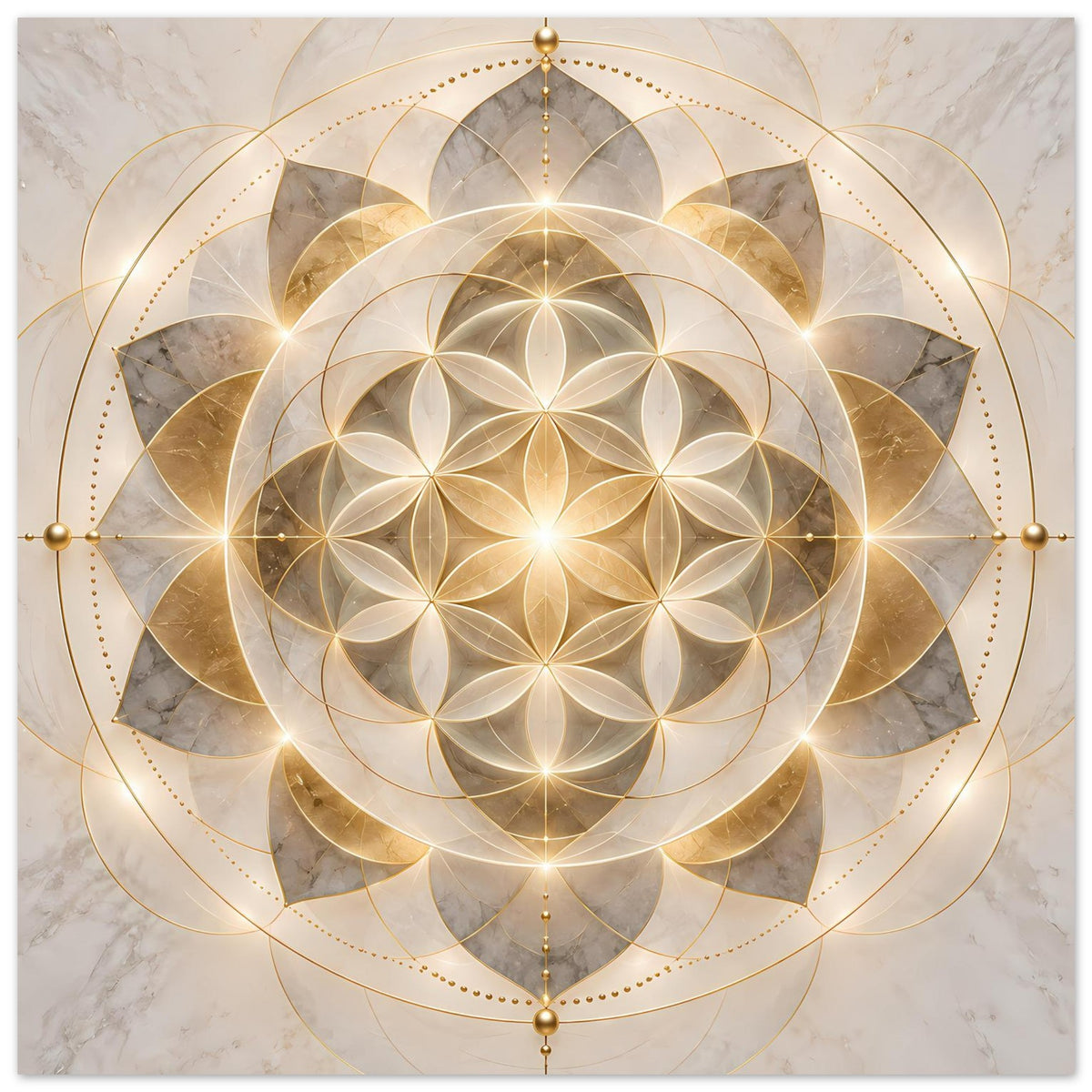 Poster mit goldenem Mandala-Ornament, leuchtenden Kreisen und spitzen Blütenformen