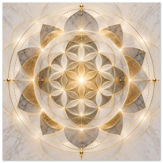 Poster mit goldenem Mandala-Ornament, leuchtenden Kreisen und spitzen Blütenformen