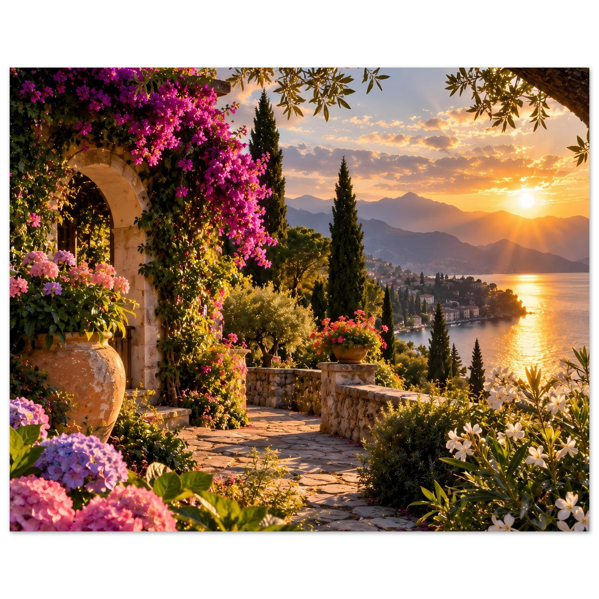 Sonnenuntergang-Poster: mediterraner Garten mit Blumen, Steinmauer und Sonnenuntergang
