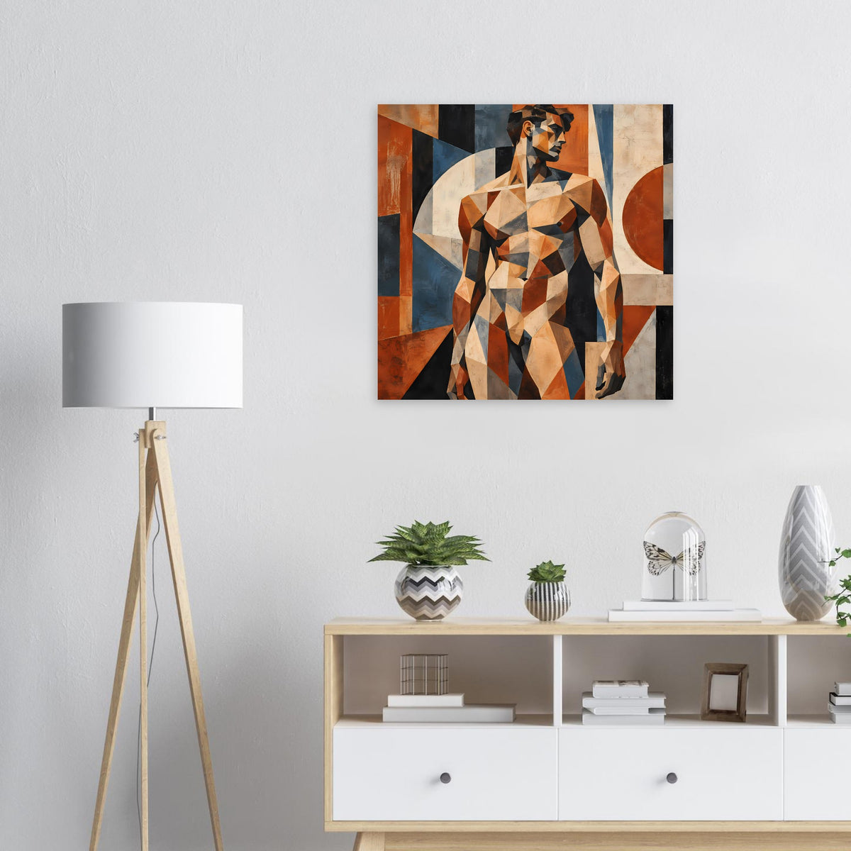 Moderner Kunstdruck mit geometrischem Akt-Mann in warmen Erdtönen, schwarzer Rand