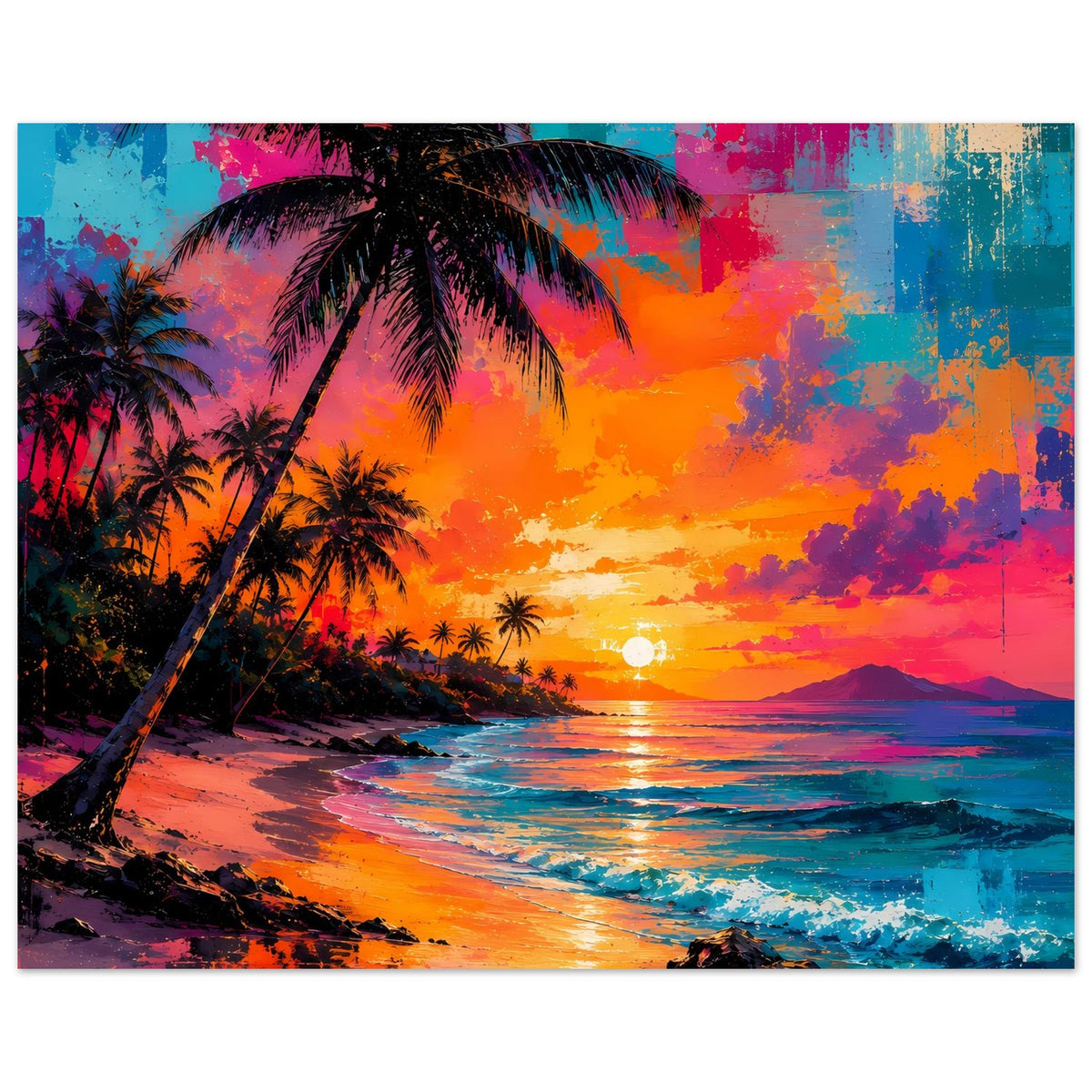 Querformat-Poster: Tropischer Palmenstrand mit Neon-Sonnenuntergang und Wellen