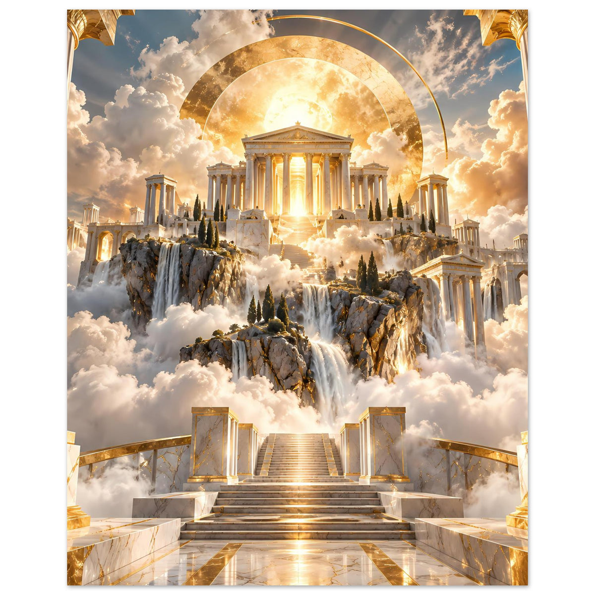 Hochformat-Poster mit antiker Tempelanlage, Wasserfallfelsen und goldener Lichtführung
