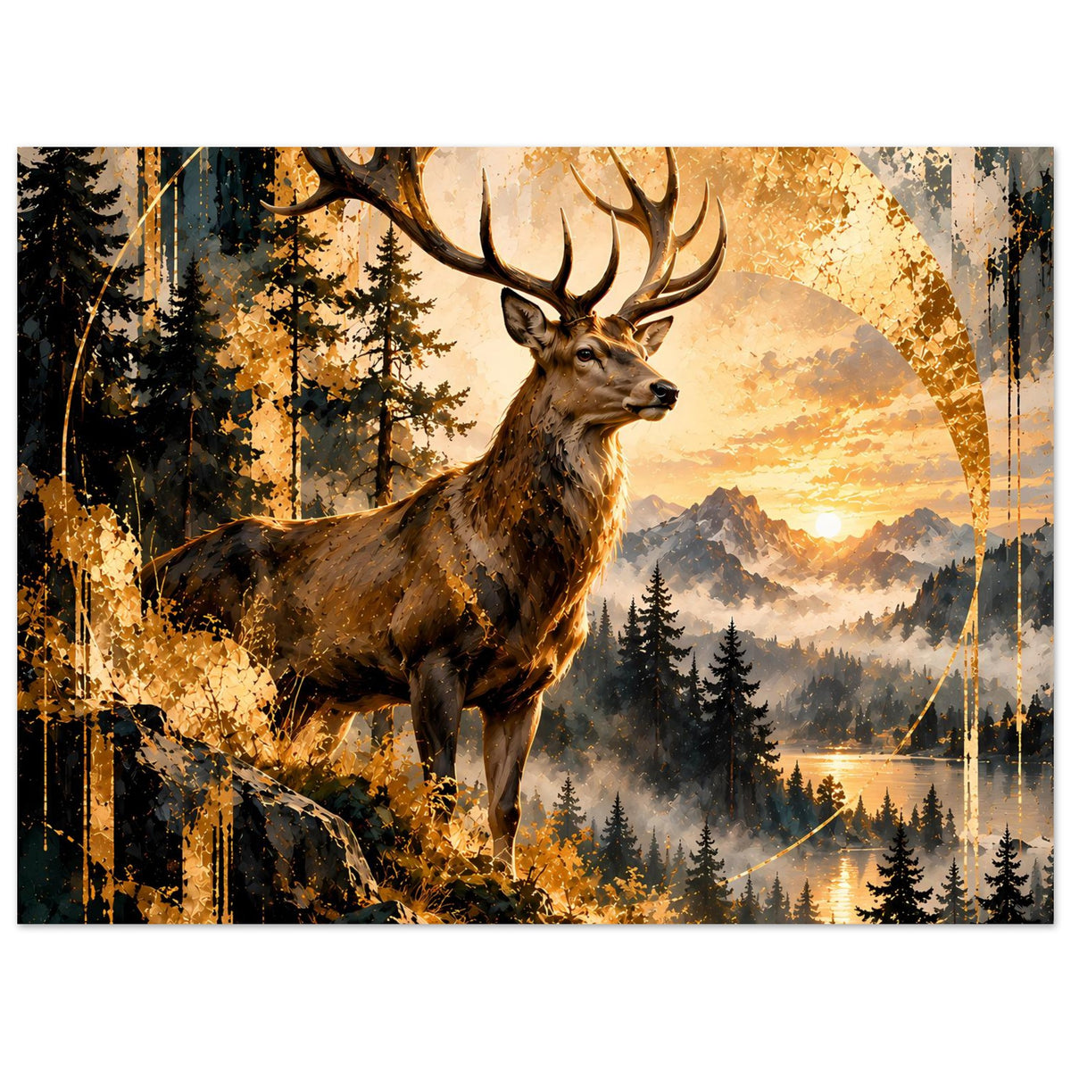 Wandposter mit Hirsch im Sonnenuntergang, weite Wald- und Seenlandschaft, horizontal