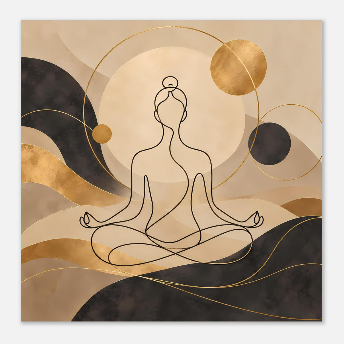 Yoga-Meditationskunstdruck: zentrale Lotusfigur, goldfarbene Kreise und geschwungene Linien