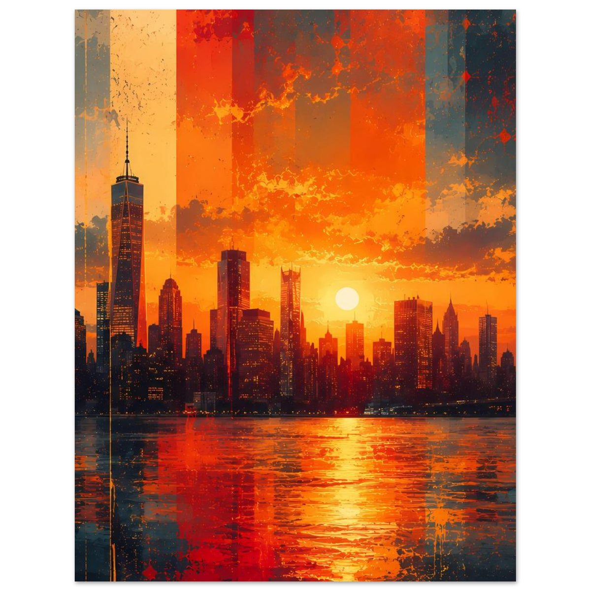 Stadtposter mit Skyline bei Sonnenuntergang, dunkle Hochhäuser und leuchtende Sonnenreflexe