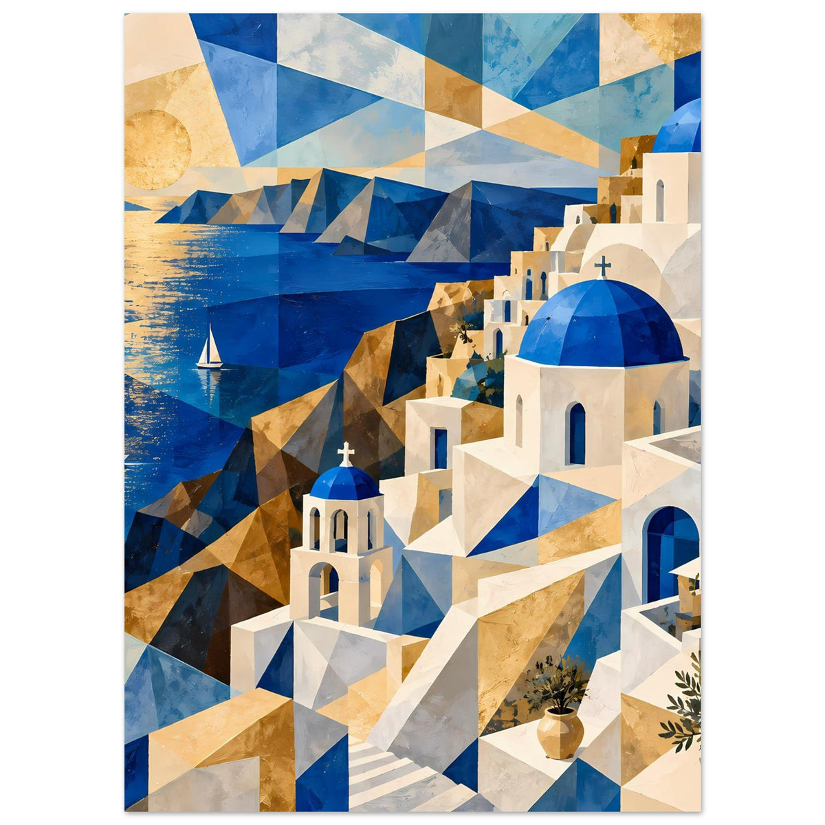 Geometrisches Poster in Portraitansicht: geometrische Küste mit blauem Meer und weißen Kuppeln