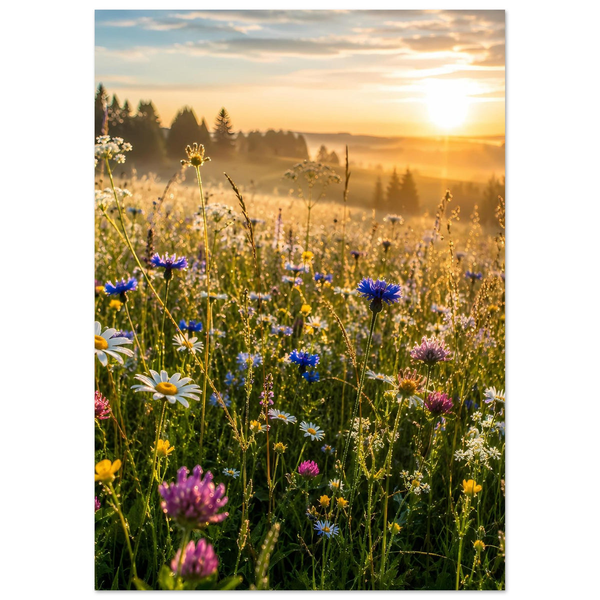 Wildblumenwiesen-Poster, vertikal: Wiese voller Blumen bei Sonnenaufgang, warmes Licht