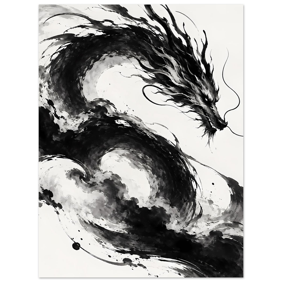 Drachenkunst-Poster im Schwarz-Weiß: Drache mit Pinselverlauf, Sprühpunkten und Schweifbogen