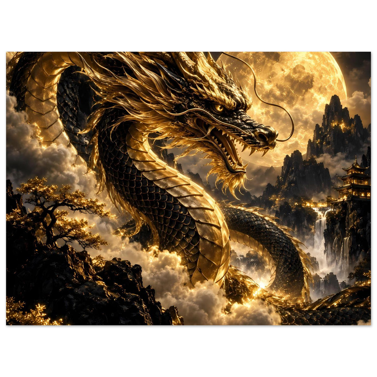 Poster im Querformat: goldener Drachenkopf und Flügel mit Vollmondscheibe