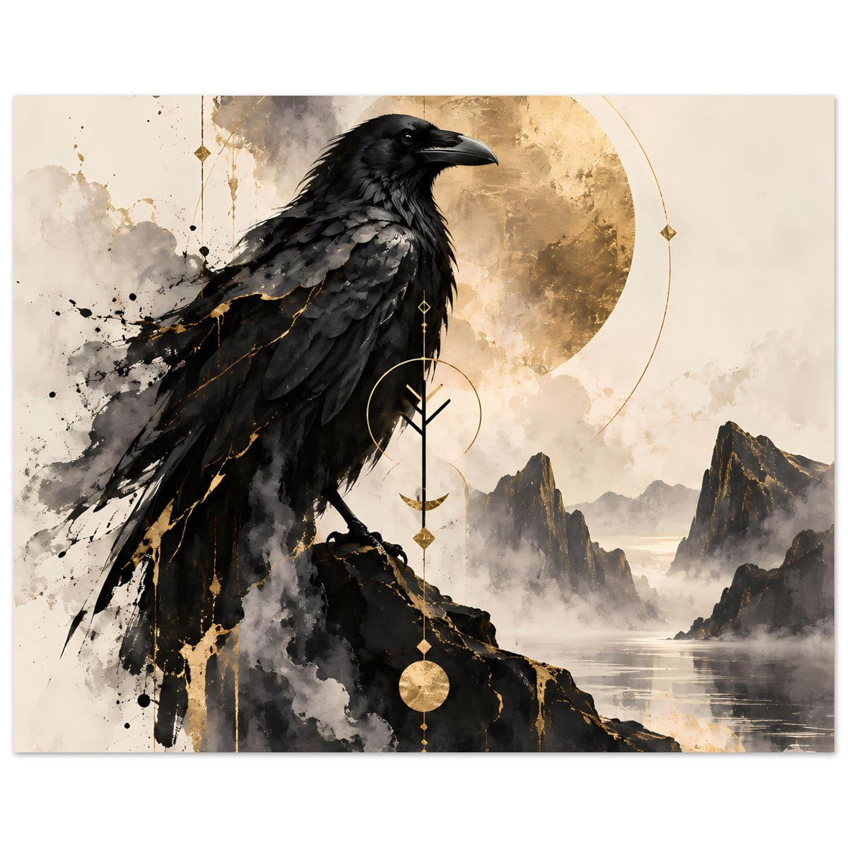 Schwarzer Rabe im Profil, Vogelkunst-Poster mit goldenen Linien und Bergsilhouette