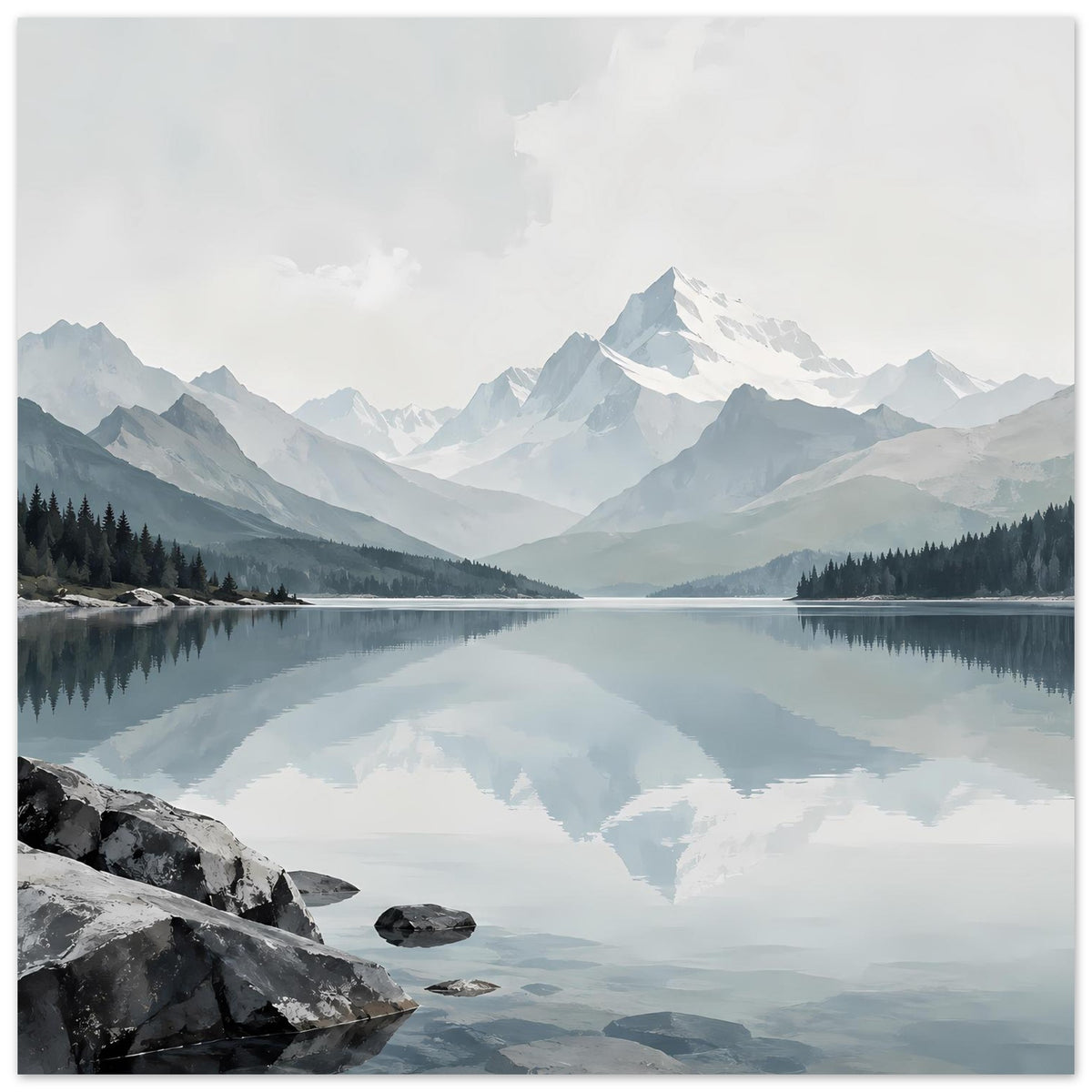 Kunstdruck im Querformat: Bergsee mit Spiegelung der Berge, klarer Blick auf den Gipfel