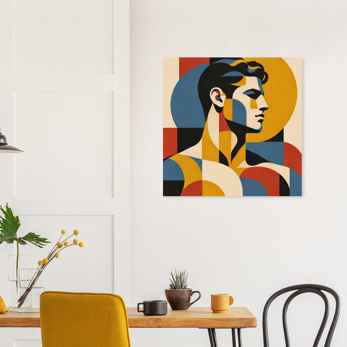 Wandgemaltes Porträtposter im Rahmen: geometrische Frau mit gelbem Kreis und Linien